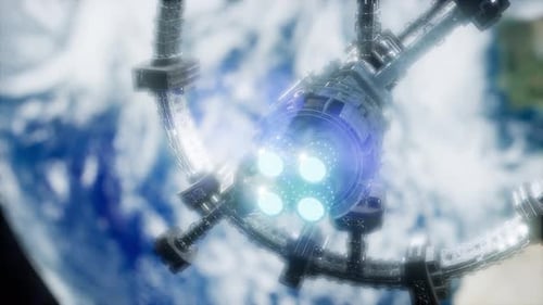 A View of the Earth and a Spaceship. ISS Is Orbiting the Earth