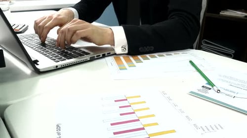 Business People Typing on a Laptop Computer in the Office, on the Table Charts and Tables