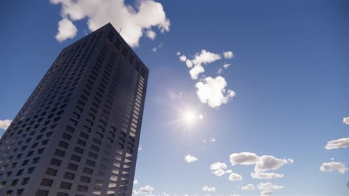 Render 3D de una ciudad brillante abstracta con rascacielos. Formas simples de edificios a la luz del día