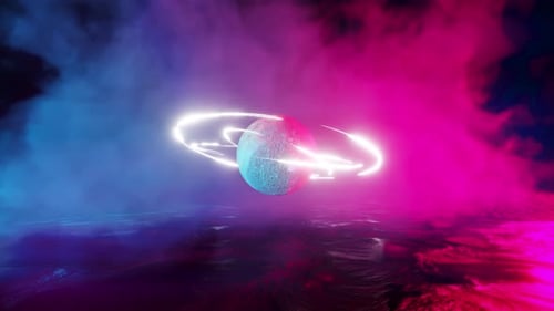 3D render animation. Sci-fi background with a planet with glowing ring. Science fiction