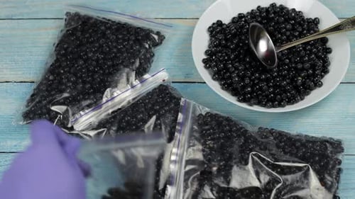 Fresh Blueberries on Plate with Bags Preparation