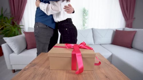 Man Gives Woman Birthday Gift in Living Room