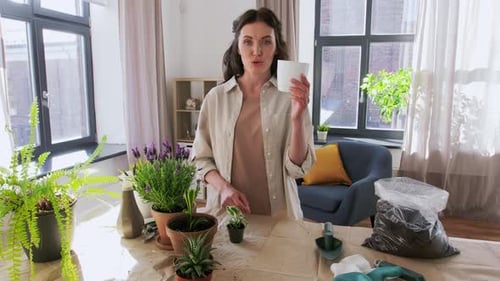 Mujer feliz o bloguera plantando flores en casa
