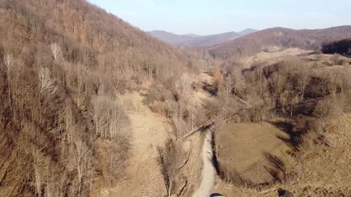 vue aérienne d'une forêt. Prise de vue par Drone de la forêt et d'une route de campagne à la fin de l'automne. Fin A