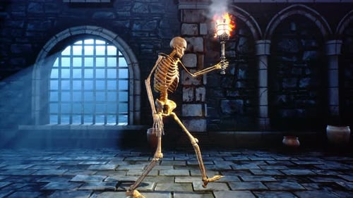 Walking Skeleton Holding a Flaming Torch in a Dark Dungeon
