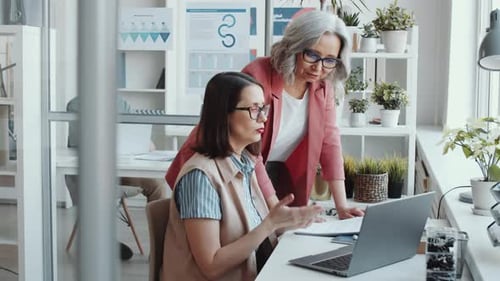 Women Collaborating on Laptop in Modern Office