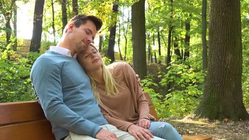 A Young Attractive Couple Hugs on a Bench in a Park on a Sunny Day