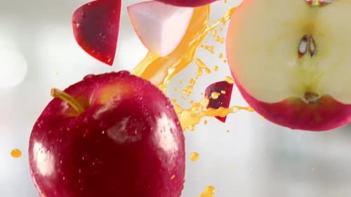 Red Apple with Slices Falling on Kitchen Background