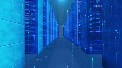 Futuristic Data Center Server Room with Streaming Binary Code Animation