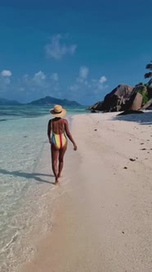 Young Couple on Vacation Seychelles Luxury Holiday La Digue Island Seychelles