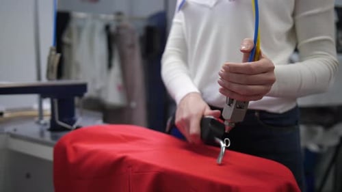 Adult removes stain from bright red fabric at workplace