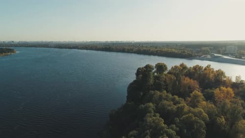 Flight Over Island on Dnipro River with View on Kyiv City at Autumn Season