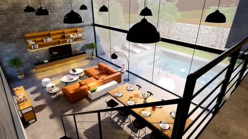 3d rendering. Interior house modern open living space with kitchen.