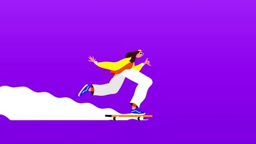 Cartoon of man riding skateboard with white trail behind