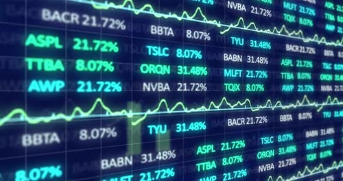 Animation of stock market display with stock market tickers and graphs 4k