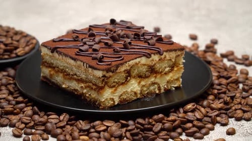 Delicious Tiramisu with Coffee Beans on Display