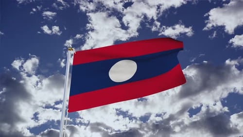 Realistic Laos Flag Waving in Blue Sky with Clouds