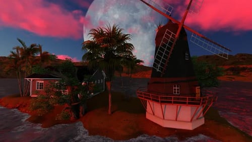 Full moon and red clouds on the hill
