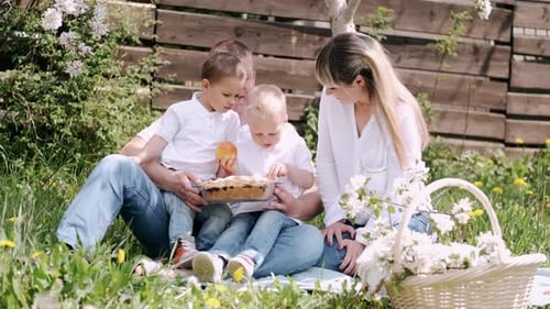 Happy Family Having Picnic in Green Grass