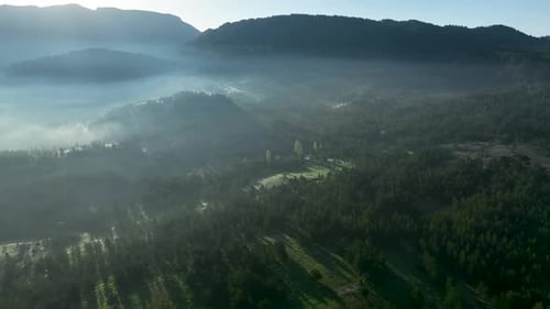 Foggy morning in the mountains aerial view 4 K Turkey