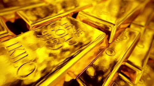 Infinite stack of fortune-worth golden ingots. Side view. Loopable animation. HD