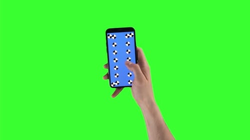 Closeup of Male Right Hand Holding Mobile and Swiping Up Than Touching Screen with Alpha Compositing