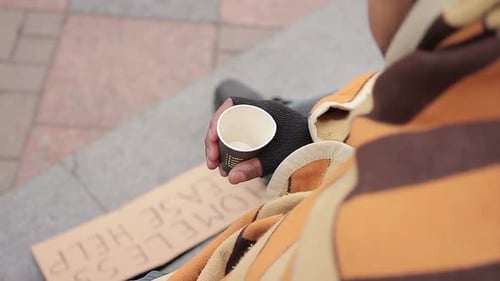 Poor Person Begging for Charity in City Street, Sympathetic People Giving Money