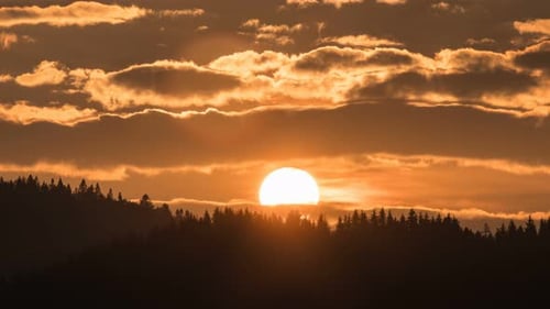 Sonne und Wolken bewegen sich bei Sonnenuntergang über orangefarbenem Himmel und Wald