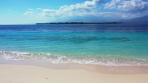 Wide angle drone island view of a summer white paradise sand beach and aqua blue water background