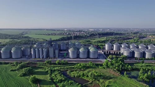 Aerial View New Grain Elevator and a Field in the Foreground