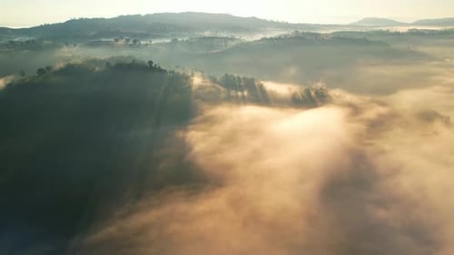 4K Aerial view of Mountains landscape with morning fog.