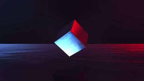 Futuristic Rotating Geometric Cube with Neon Red and Blue Lights