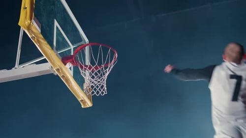 Basketball Training Game Man Player Successfully Throws a Basketball Into the Basket Slow Motion