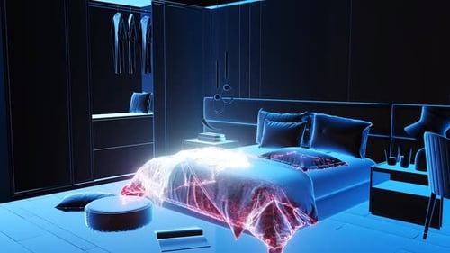 Concepto de hogar inteligente El dormitorio Hud Holograma Escaneo Hd
