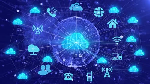 Global Cloud Computing Network with Connected Technology Icons