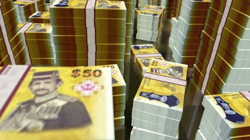 3d flight over the Brunei dollar money banknote packs loop