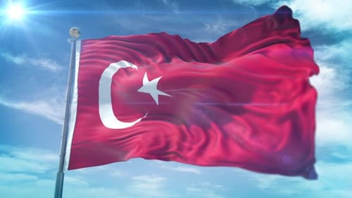Waving Turkish Flag Animation with Sunlight and Clouds