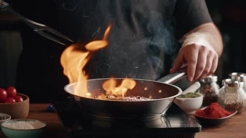 Chef Frying Ribs with Flambe Technique