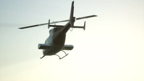 Realistic Helicopter Flight Over Mountain Sunset Landscape