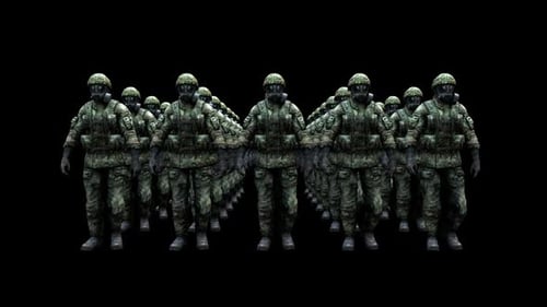 Animated Military Squad Walking in Gas Masks
