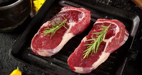 Two Raw Steaks on a Grill Pan