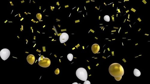 Celebration Animation with Falling Gold Confetti and Rising Balloons
