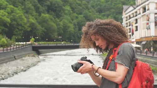 Happy Young Man, Tourists with Camera in City