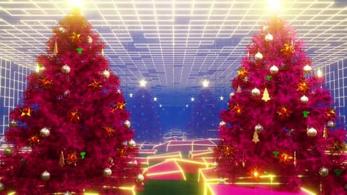 Animated Glowing Christmas Trees in Futuristic Cyber Grid
