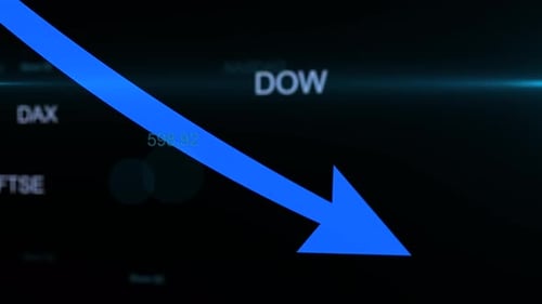Stock market crash. Financial charts with falling down blue arrow