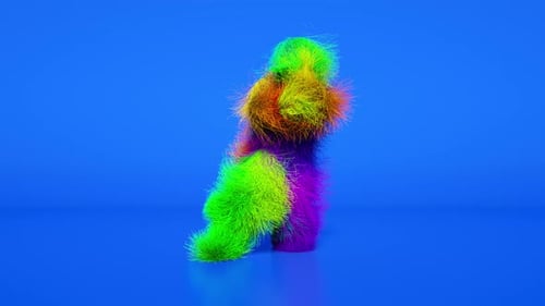 Vibrant Abstract Fuzzy Creature Dancing on Blue Background