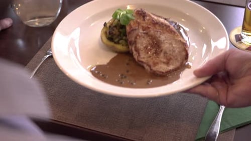 Serving Plate With Meat Meal in Luxury International Cuisine Restaurant, Close Up