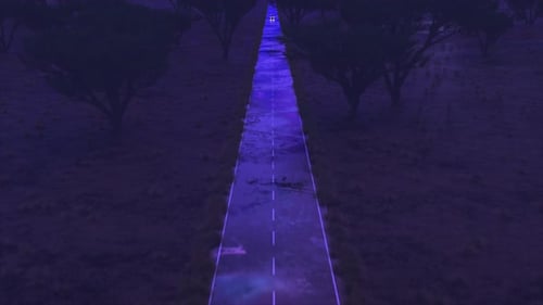 The Car Rushes at Fast Speed Along the Asphalt Road Along the Desert Into a Fabulous Sunset with a