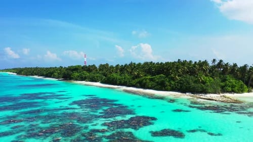 Aerial drone view scenery of relaxing coast beach voyage by blue water and white sandy background of