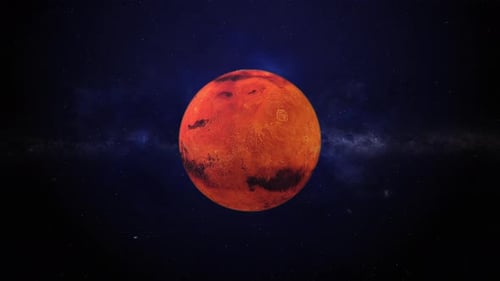 Mars in space with blue background and stars of universe. Red planet in cosmos. Mars in solar system